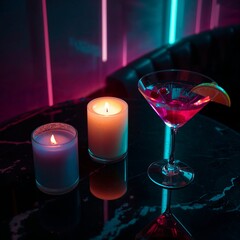 Candles and Cocktail in Neon Lighting. Stylish candle and drink setup in a neon-lit room, evoking nightlife and urban vibes