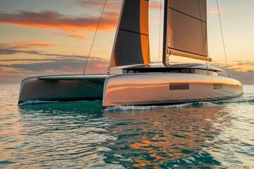 Catamaran at Sunset on Calm Sea. A sleek catamaran sailing during golden hour, peaceful sea and beautiful light