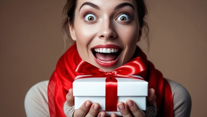 Excited Woman Holding a Gift. A cheerful woman with wide eyes holding a gift box, expressing joy and excitement. Perfect for festive or holiday themes.