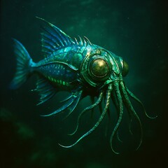 Detailed rendering of a bioluminescent fish with tentacles in a dark underwater environment setting