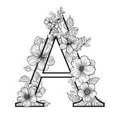 Floral letter A, graphic, black and white illustration with a blooming flowers arrangement