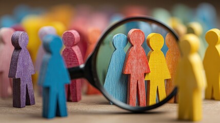 A diverse group of colorful wooden figures are viewed through a magnifying glass, symbolizing focus and investigation within a crowd.