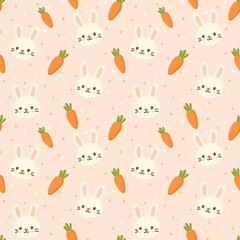 Seamless Pattern of Cute Bunny Head and Carrots on Pastel Background