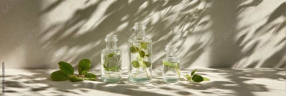 Poster three glass bottles filled with water and fresh leaves on a light surface with soft shadows in a ser