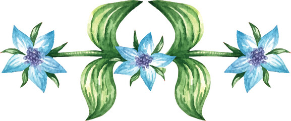 vector illustration of a blue flower branch with green leaves