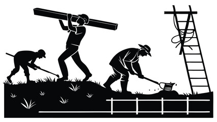 Obraz premium Workers carrying wood and digging ladder