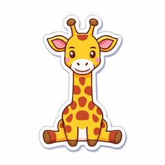 Cute cartoon giraffe sitting with legs outstretched, featuring a smiling face and distinctive brown spots.