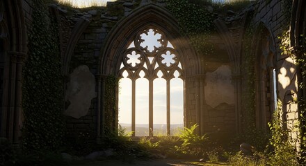 Obraz premium Ruined gothic architecture with sunlight and overgrown foliage