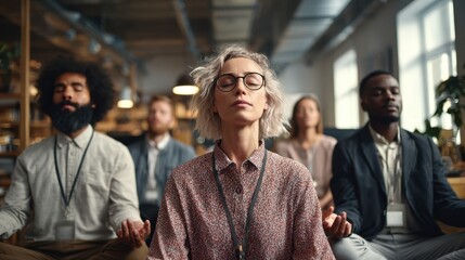A diverse group of people practice meditation together indoors, promoting mindfulness and well-being in a calm, shared space.