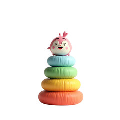 Colorful stacking rings toy with cartoon bird character.