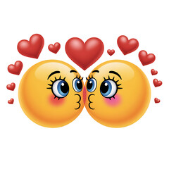 Sweet emoji couple shares a loving kiss surrounded by romantic hearts, perfect for expressing affection.
