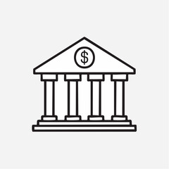 Minimalist line icon of a bank building with a dollar sign, symbolizing finance, economy, and financial institutions.
