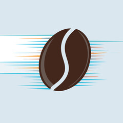 A single brown coffee bean with a white line on a light blue background with horizontal blue and orange lines.