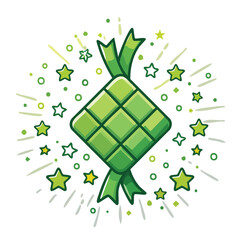 Cartoon illustration of a green ketupat, a diamond-shaped rice cake, surrounded by stars and radiating lines.