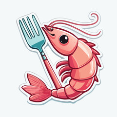 Cute cartoon shrimp holding a fork, a whimsical food-themed illustration.