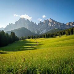Naklejka premium Alpine meadow with mountains and forest landscape