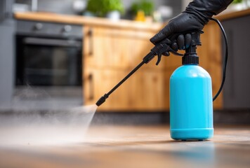 Fototapeta premium A gloved hand sprays disinfectant across a in a kitchen, promoting cleanliness and sanitation for a healthy environment.