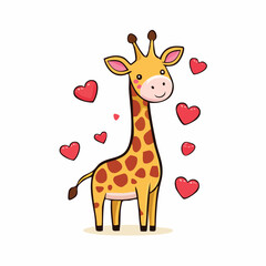 A charming cartoon giraffe stands surrounded by floating red hearts, smiling happily.