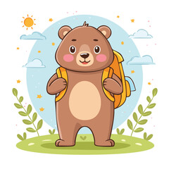 Adorable cartoon bear with a yellow backpack standing on green grass, ready for adventure.