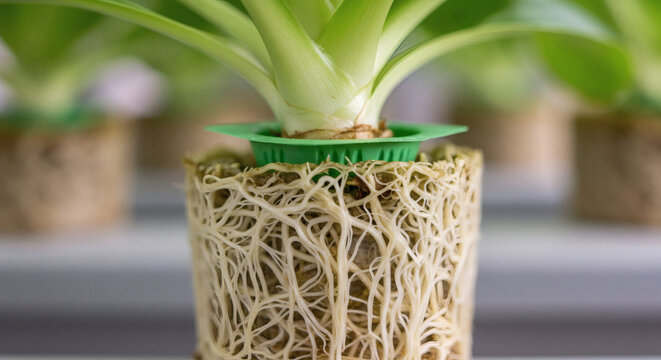 Close-up of a healthy plant's intricate root system growing in a hydroponic setup, showcasing modern soilless farming technology.