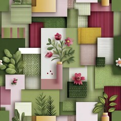 Abstract Geometric Floral Pattern with Green Pink and Red Squares