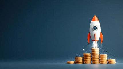 Stack of coins with rocket flying upwards symbolizing price increase and financial growth