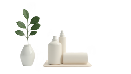 A display of white containers and a plant in a simple setting.