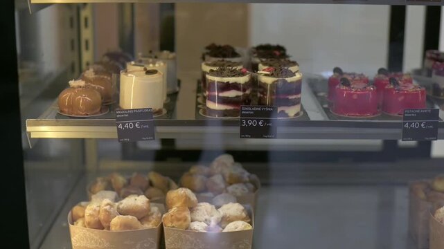 Variety of colorful desserts and pastries arranged in a refrigerated counter for sale Assorted mini cakes and mousse desserts in a glass display fridge in a modern cafe