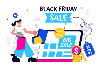 Black Friday Sale Event Vector Illustration with Shopping Paper Bags and Big Promotional Discounted Goods for Marketing in a Flat Style Background