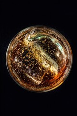 Generative AI. Close-up view of a refreshing beverage with ice cubes and bubbles, showcasing a rich amber color and sparkling texture, perfect for summer enjoyment and relaxation