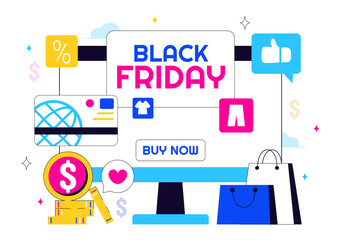 Black Friday Sale Event Vector Illustration with Shopping Paper Bags and Big Promotional Discounted Goods for Marketing in a Flat Style Background
