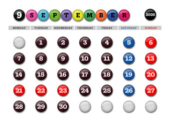 2026年9月の丸いチョコレート風カレンダー 月曜始まり