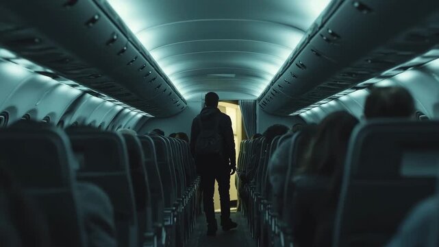 Suspicious Passenger Walking Through Airplane Cabin &ndash; Cinematic Tense Scene Inside Aircraft with Claustrophobic Atmosphere and Aviation Security Risk
