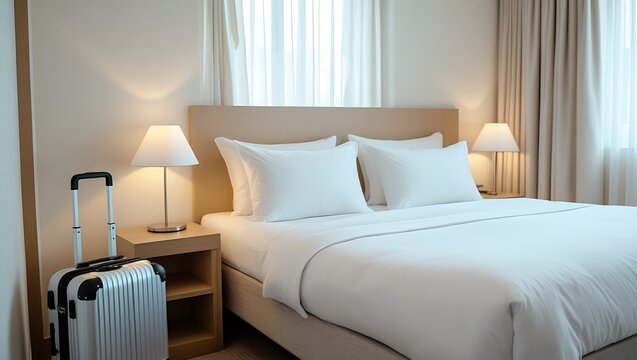 Clean hotel bedroom, modern minimalist design, bright and fresh, well-organised space, contemporary furniture, crisp white linens, welcoming and calming ambiance, soft lighting, clutter-free, practica