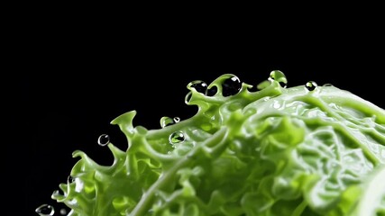 Crisp 4K macro of fresh lettuce leaf with water droplets dripping slowly in dramatic lighting against a black background ideal for healthy food visuals and cinematic slow motion hydration scenes - Powered by Adobe