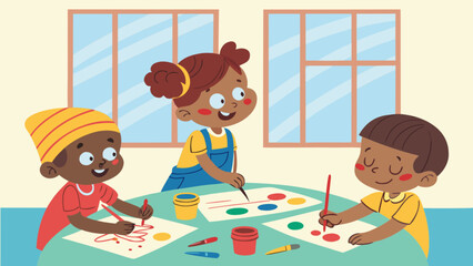 Illustration of children painting and drawing in classroom art class for kids learning and creative activities