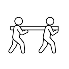 Two people carrying long beam icon in outline style representing teamwork and construction