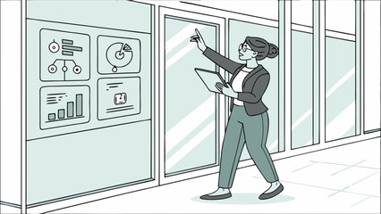 Businesswoman analyzing data charts and graphs on glass wall for strategic planning and presentation insight