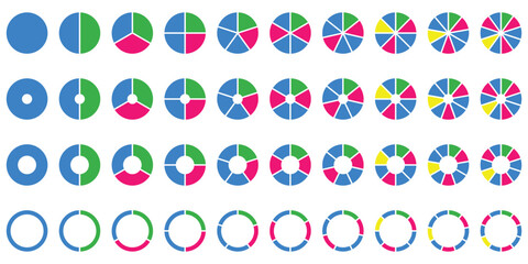 Circle pie chart diagram. Pie chart set. Colorful diagram collection with sections or steps. 1,2,3,4,56,7,8,9,10,11,12 segment infographic. Wheel round diagram part symbol. Vector illustration