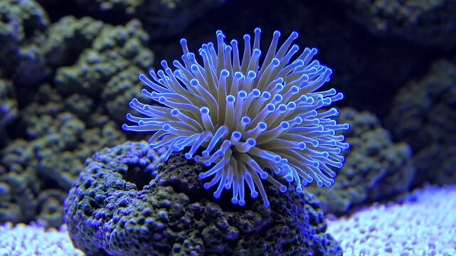 A colorful 4K macro of a luminescent zoanthus coral colony swaying under blue LED lights in a reef tank ideal for exotic underwater life footage in aquaculture or aquarium content