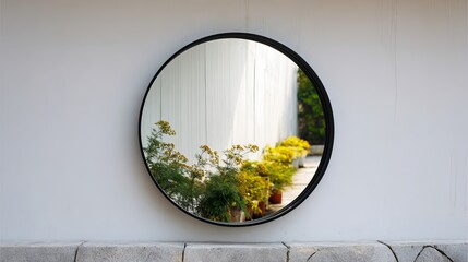 A round mirror reflecting vibrant yellow flowers against a white wall, creating a serene and harmonious outdoor scene.