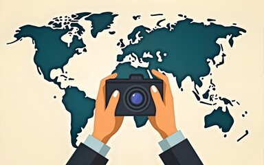 World photography day greeting card. Square banner with a hand holding digital camera in retro look. Background with world map. Vector illustration in flat cartoon style. High quality