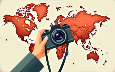 World photography day greeting card. Square banner with a hand holding digital camera in retro look. Background with world map. Vector illustration in flat cartoon style. High quality