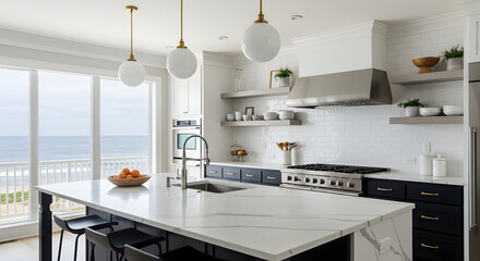 A coastal kitchen styled space offering a a airy atmosphere feel, detailed with black and white, marble countertops, floating shelves --ar 169