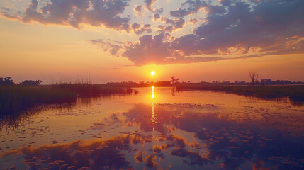 Golden sunset reflects on smooth lake surface, creating a serene and peaceful vista for travel posters, digital backgrounds, or landscape photography.