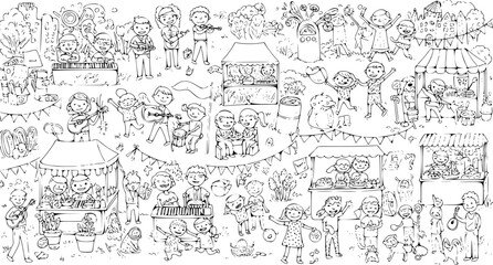 Obraz premium Lively outdoor festival with joyful children engaging in music, selling goods at market stalls, playing games, and having fun a detailed coloring page scene.