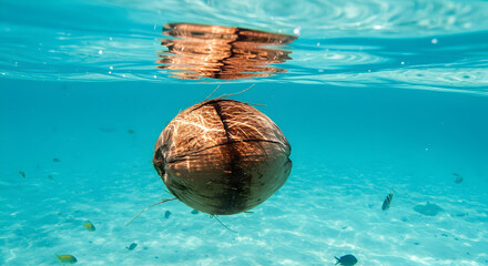 A coconut floating in clear blue water