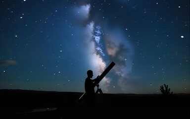 Man Captures Night Sky With Telescope, World Photography Day. High quality