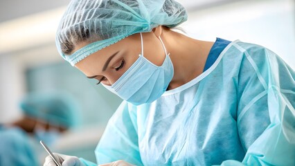Fototapeta premium Close-up clinical beauty moment during surgical skin preparation.