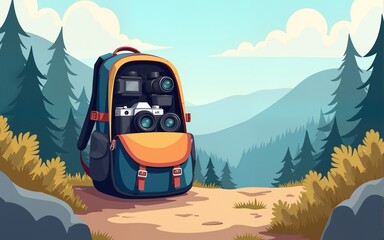 flat vector showing an opened backpack filled with mirrorless camera gear on a trail, designed for adventure photography-themed world photography day promotions. High quality